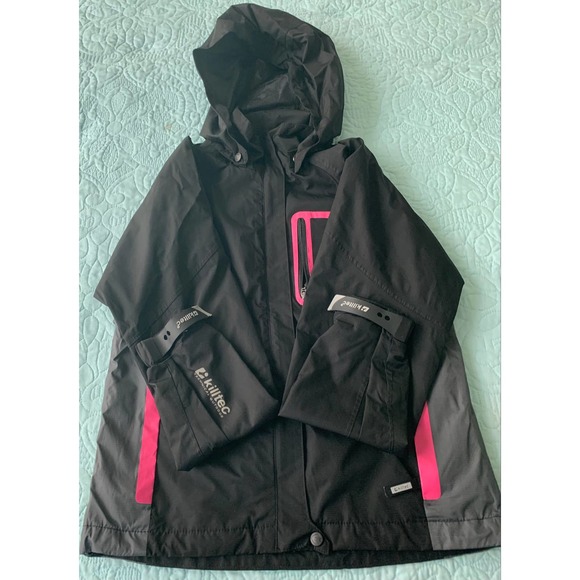 KILLTEC TECHNICAL OUTDOOR HOODED JACKET, GIRLS 10, BLACK WITH PINK/GREY TRIM - Picture 3 of 12